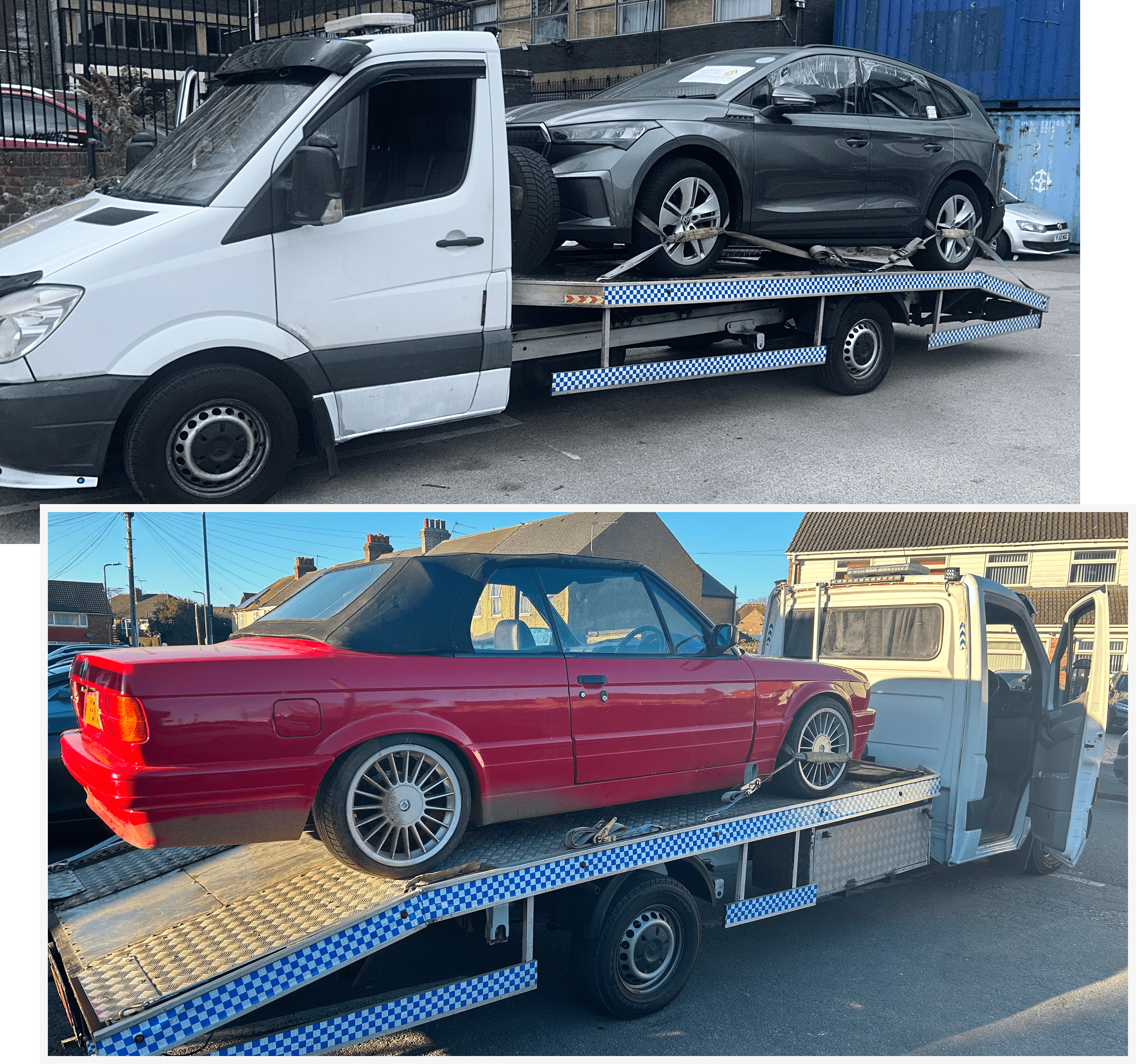 Two cars being transported on flatbed tow trucks in different settings.
