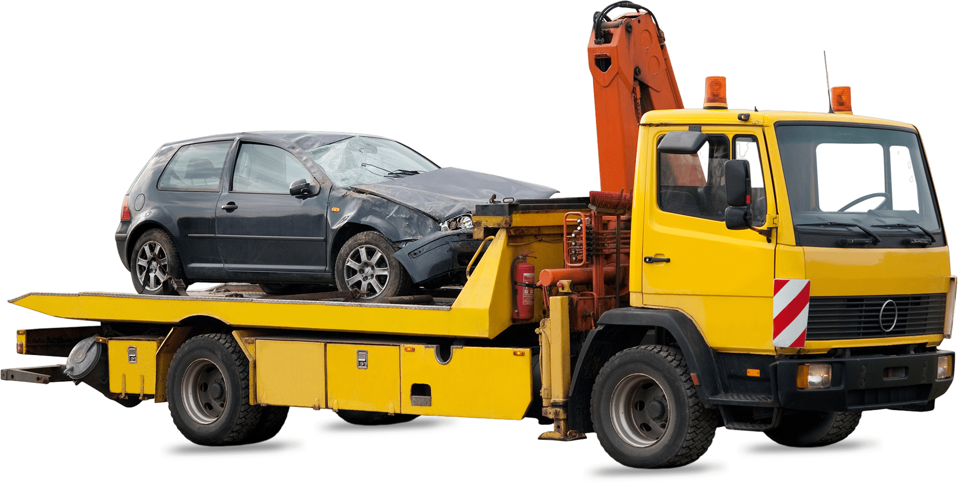 Tow truck transporting a damaged car after an accident.